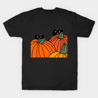 Back Print Two Cats in the Pumpkin Patch T-Shirt